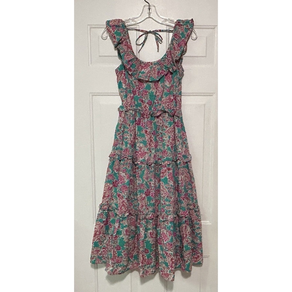J.Crew Sun Dress Pink Teal Green Floral Paisley Tiered Midi Ruffle Size 00
